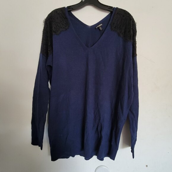NEW Express Wool V Neck Long Sleeve Pullover Sweater Black Lace Shoulder Large - Picture 4 of 15